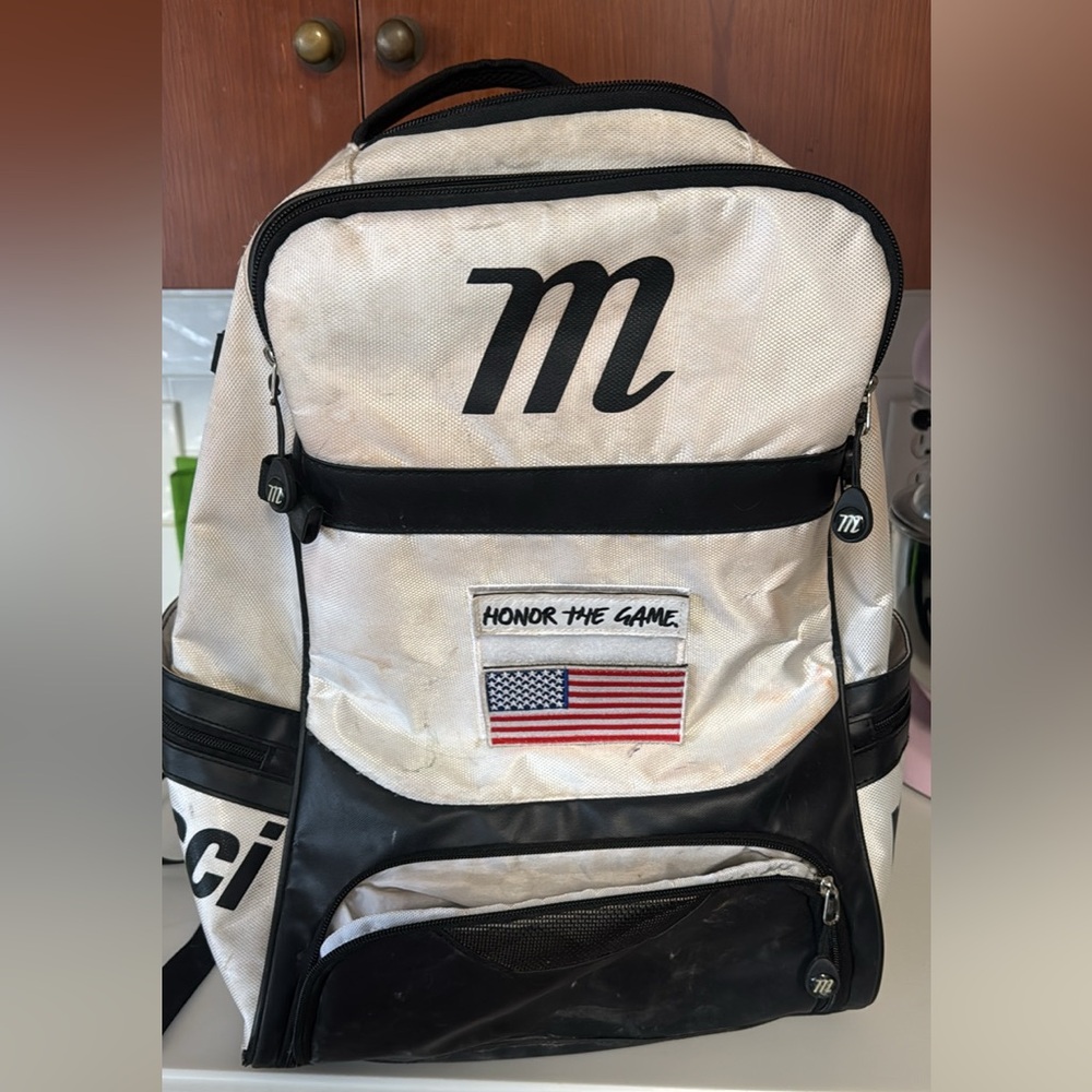Marucci Baseball White and Black Men’s Backpack with Honor The Game Patch